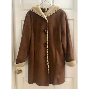Coldwater Creek brown faux suede mid-length coat hood pockets sherpa women XL 18